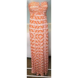 GUESS Small Strapless Maxi Dress Braided Trim Orange White Ikat Womens Stretch